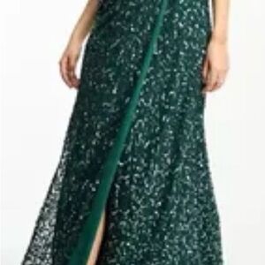 Maya Deluxe Green Sequin Cape Sleeve Evening Gown